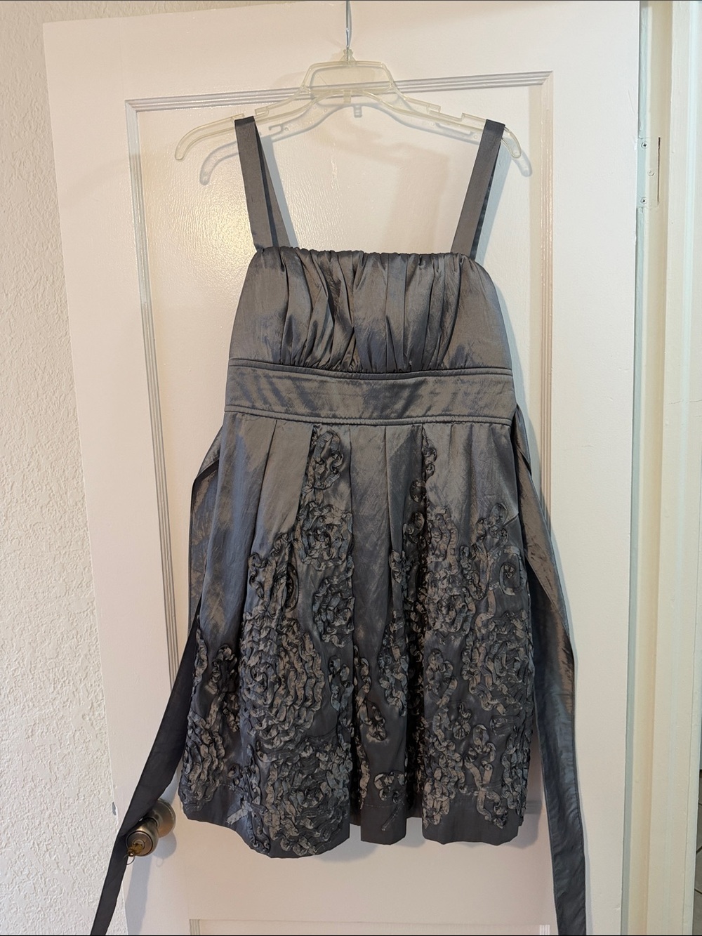 Prom, formal, or wedding. Gray Satin Embroidered Fit-and-Flare Dress.